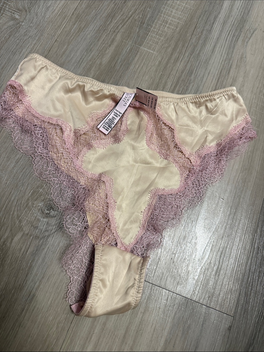 Victoria's Secret Satin Thong with Pink Lace Trim - Cream & Dusty Pink